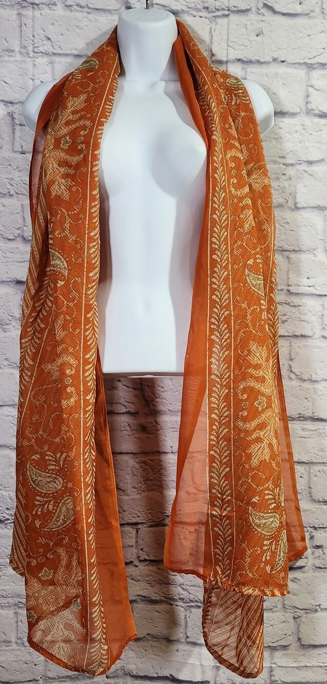Orange White Floral Print Long Scarf Lightweight Soft Flowy Sheer